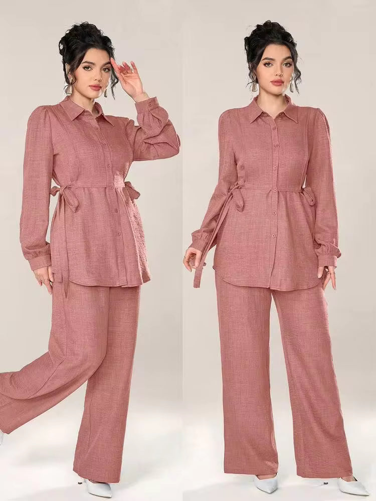 Ensemble de chemise et pantalon à manches longues de couleur unie décontracté pour femmes
