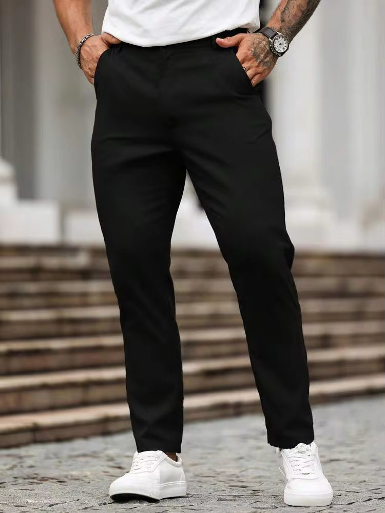 Homme Pantalon droit décontracté à poches de couleur unie pour hommes