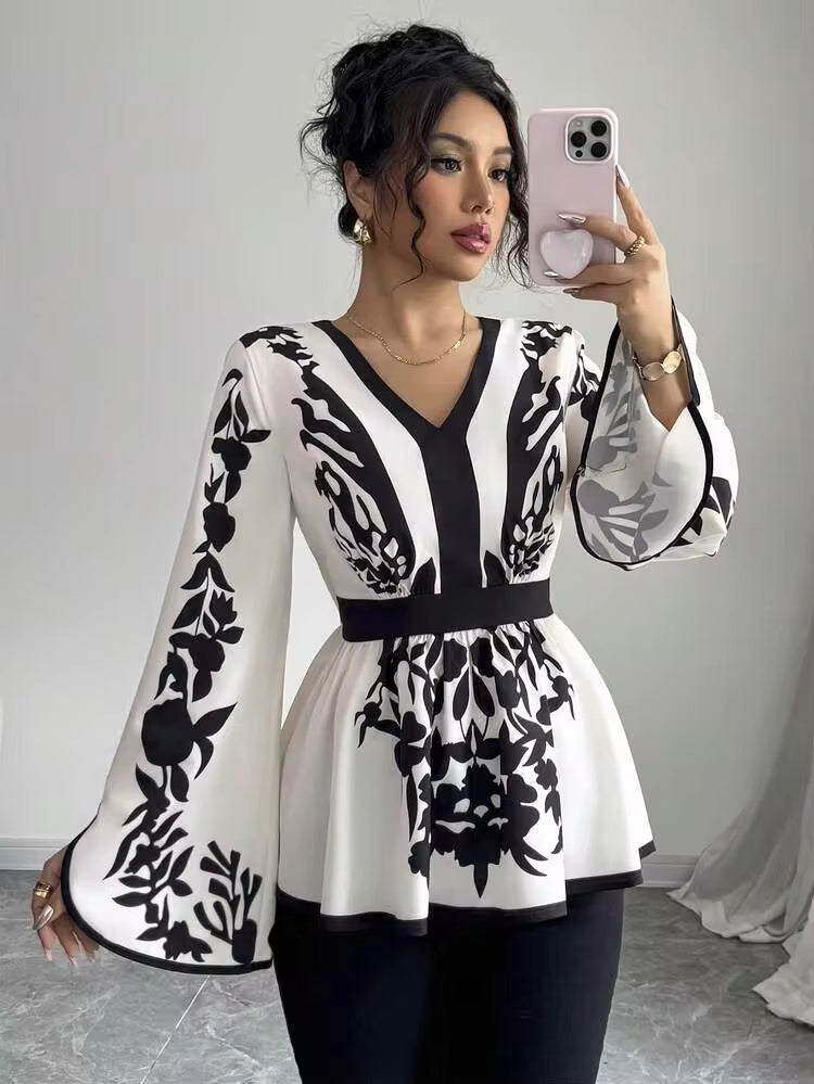 Blouse évasée à col V à imprimé floral élégant pour femmes