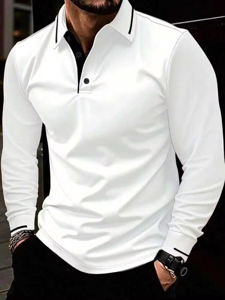 Polo à manches longues en couleur unie avec col boutonné